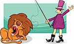 Cartoon Humor Illustration of Tamer and Bored Lazy Lion