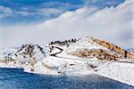 mountain lake, rock cliff, dam and windy road in winter scenery - Horsetooth Reservoir near Fort Collins, Colorado