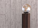 Illustration of metal globe on wooden stand, showing Africa, Europe and Asia, studio shot on grey, wooden background