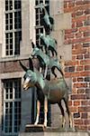 Bronze statue of Town Musicians of Bremen - stacked animals, donkey, dog, cat, rooster, from the folktale recorded by the Brothers Grimm, Bremen, Germany, Europe