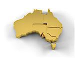 High resolution Australia map in 3D in gold with states stepwise arranged and including a clipping path.