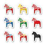 Symbol of scandynavia - traditional dala horse labels isolated on white