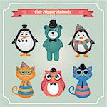 Cute fashion Hipster Animals & pets, set of vector icons, illustration