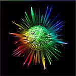 Explosion of colorful star with its fragments flying apart. Illustration on black background.