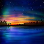 abstract nature background with sunset and forest lake