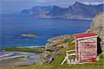 Picturesque panorama on Lofoten islands with fjords and high mountain peaks surrounding them