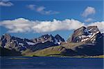 Dramatic mountain peaks of Lofoten islands in Norway with fjords and small fishing villages along the coast