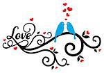 blue love birds on swirl with red hearts, vector illustration