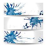 Set of horizontal banners with spots of blue watercolor paint.