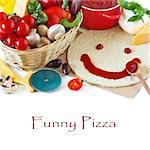 Pizza with tomato sauce smile and ingredients.