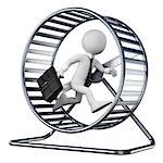 3d white people. Businessman in a hamster wheel. Isolated white background.