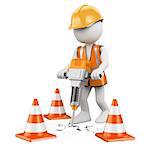 3d white people. Worker with a jackhammer working on a construction. Isolated white background.