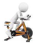 3d white people. Man in a gym doing spinning on a bike. Isolated white background.