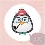 Vector Hipster Penguin greeting card design illustration  with Textured Grunge Circles Background