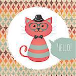 Vector Hipster Cat greeting card design illustration  with Textured Grunge Geometric Background
