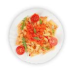 Fusilli pasta with tomato sauce and arugula