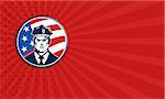 Business card template illustration of an American policeman security guard police officer facing front set inside circle with USA stars and stars flag done in retro style.