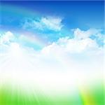 Cloudy blue sky with double rainbow, sunbeams and green field abstract background