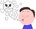 Vector cartoon funny man smoking cigarette emitting skull smoke.