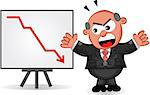 Businessman. Cartoon boss man angry at sales or profit chart going down.