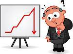 Businessman. Cartoon boss man surprised at a downturn business sales or profit chart.