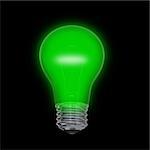 Glowing green lightbulb isolated on black background