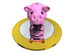 Happy pink piggy bank on Euro coin, concept of savings and investments, isolated on white background