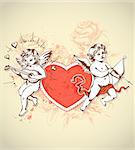 Vintage card for Valentine's Day with red heart and cupids