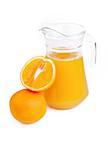 Oranges and jug of juice on a white background