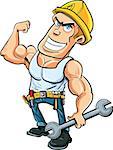 Cartoon handyman flexing his muscles, he holds a wrench.Isolated