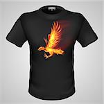 Black male t-shirt with fiery bird print on grey background.