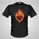 Black male t-shirt with fiery heart print on grey background.