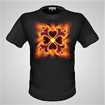Black male t-shirt with fiery gothic pattern print on grey background.