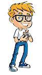 Cute cartoon nerd with a mobile phone. Isolated