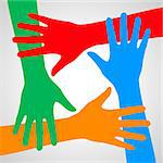 Colorful hands symbolizing friendship, help and support.