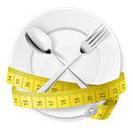 Plate with measuring tape and crossed fok and spoon. Diet concept.