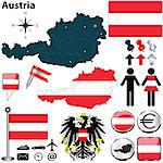 Vector set of Austria country shape with flags, buttons and icons isolated on white background