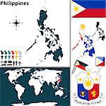 Vector map of Philippines with regions, coat of arms and location on world map