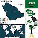 Vector map of Saudi Arabia with regions, coat of arms and location on world map