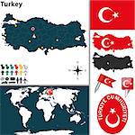 Vector map of Turkey with regions, coat of arms and location on world map
