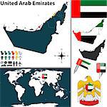 Vector map of United Arab Emirates with regions, coat of arms and location on world map