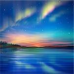 abstract nature blue background with aurora borealis and forest