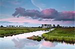 pink sunset over water canal in Dutch farmland