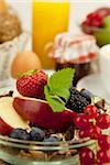 healthx breakfast with flakes and fruits in morning on wooden table