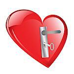 Red heart with door lock and key isolated against a white background