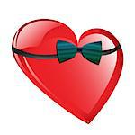 Red heart wearing a bow tie isolated against a white background