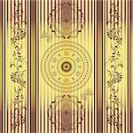 Seamless golden brown striped pattern with lacy circles and branches (vector)