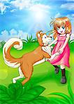 Cartoon illustration of a girl playing with her dog