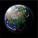 Asia on blue planet Earth isolated on black background. Highly detailed planet surface. Elements of this image furnished by NASA.