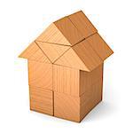 House made of wooden cubes isolated on white background
